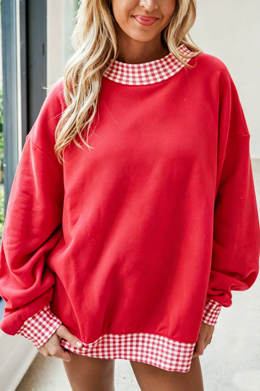 Fiery Red Colorblock Polka Dot/ Plaid High Neck Oversized Sweatshirt