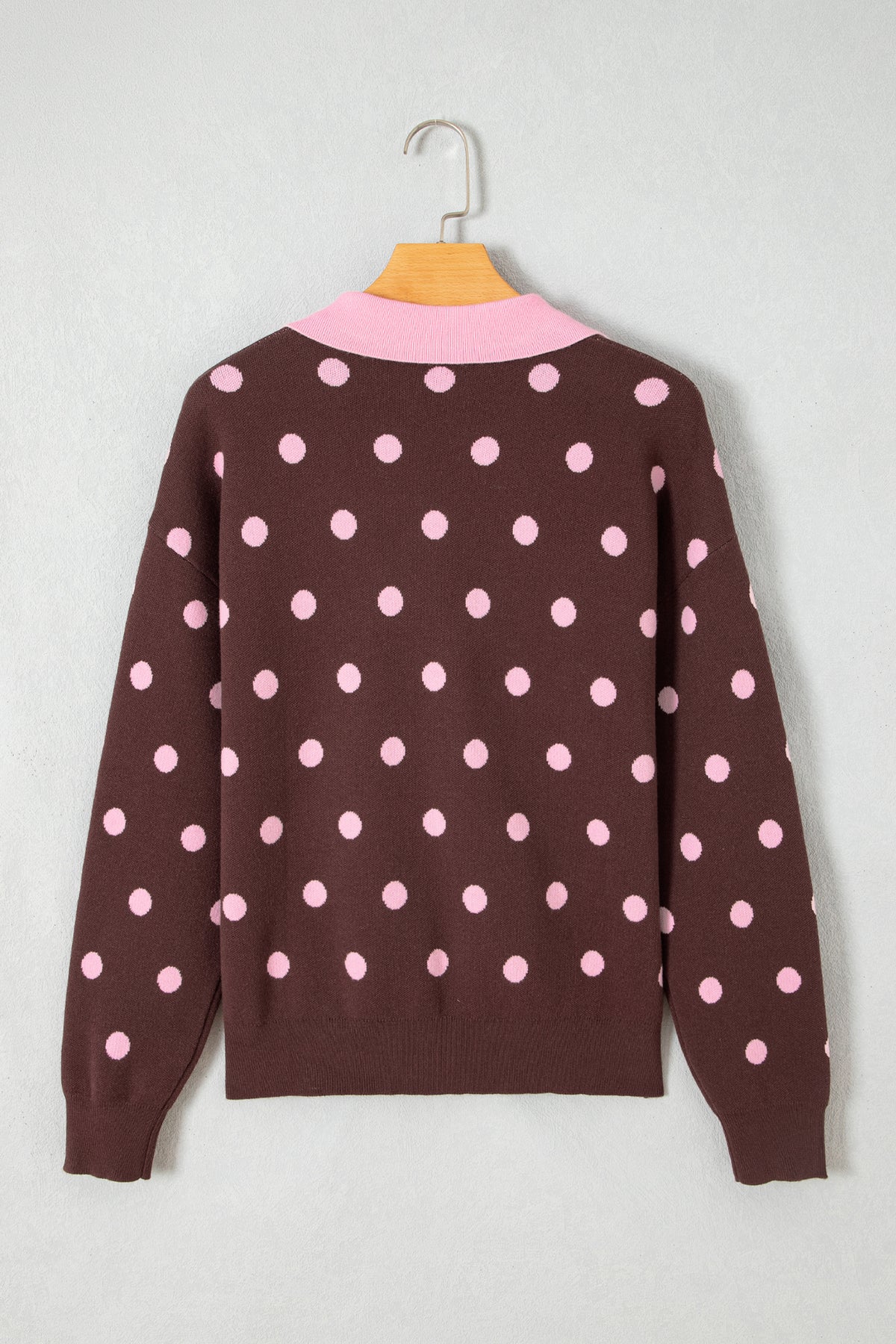 Pink Polka Dot Pattern Color Block Collared Loose Pullover Sweater
