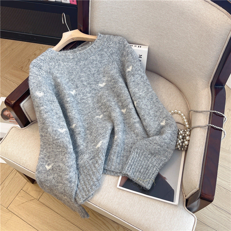 heart-embroidered round-neck sweater