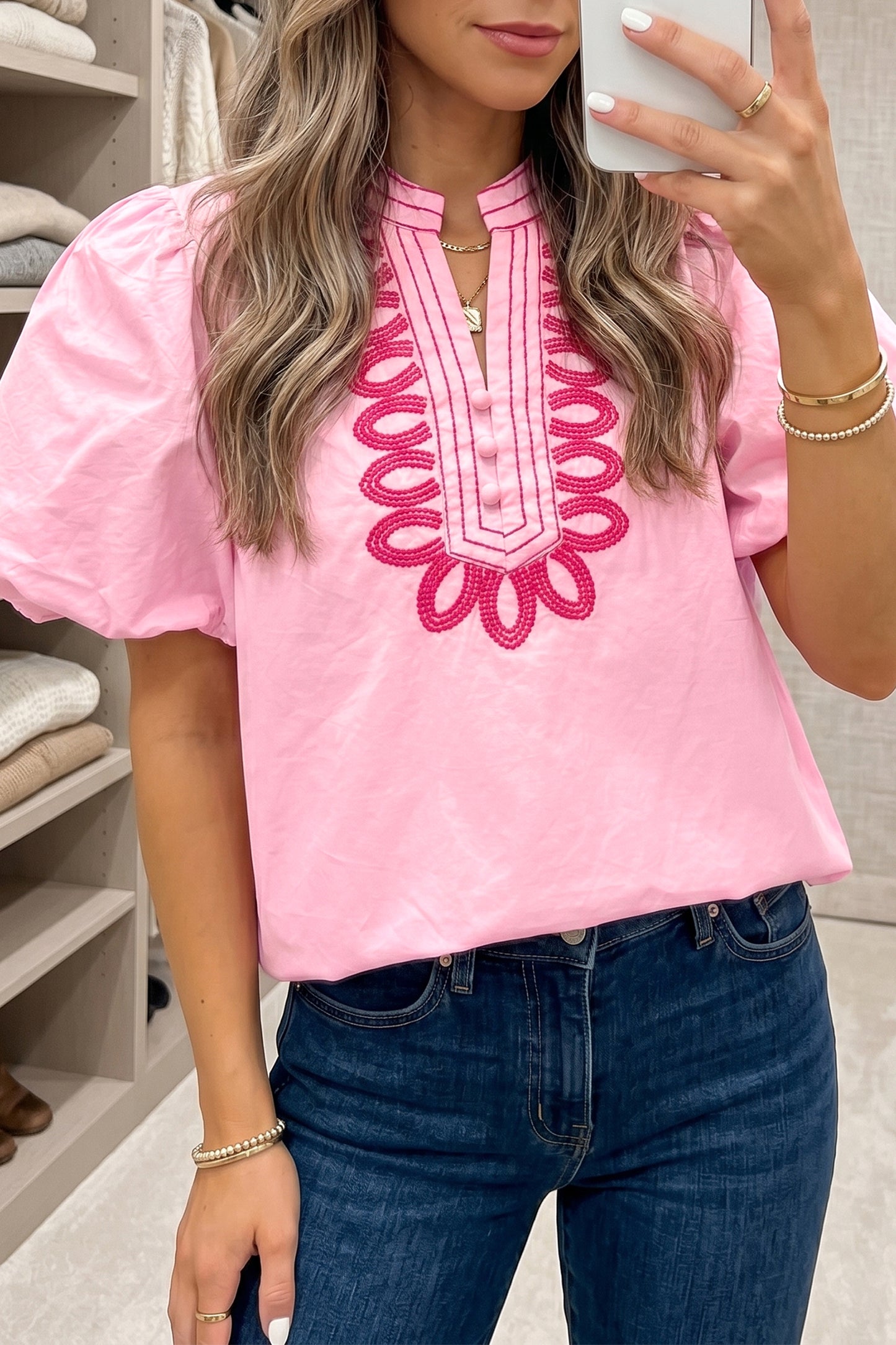 Pink Embroidered Puff Sleeve Top