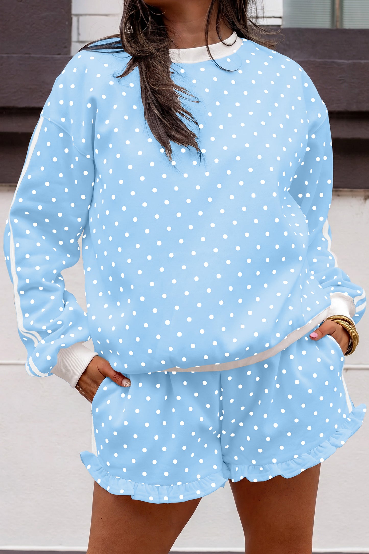 Brown Polka Dot Print Side Stripe Detail Casual Sweatshirt 2pcs Short Set