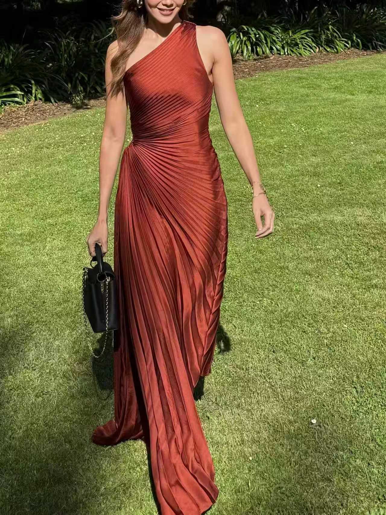 ruched one shoulder dress with pleated detail