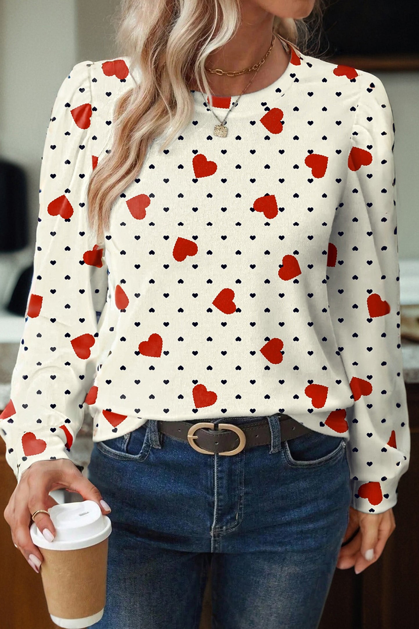 Beige Flower Heart Festive Valentine Blouse