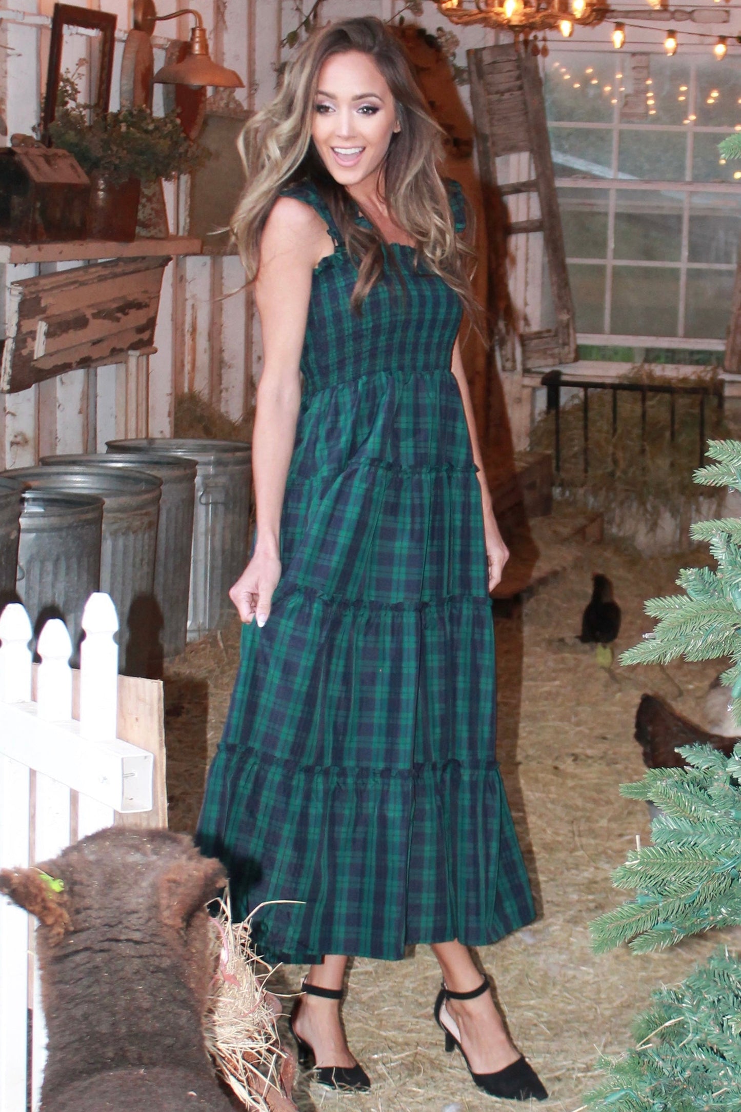 Green Sleeveless Square Neck Plaid Midi Dress with Ruffles and Shirred Bodice