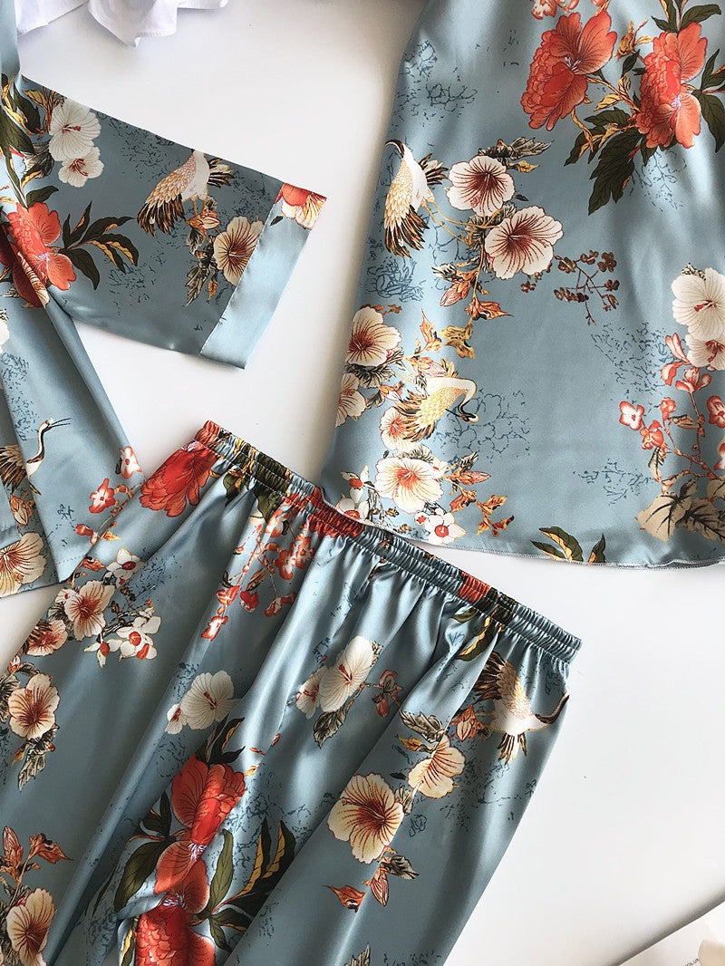 3 piece satin pajamas. includes pant, cami and robe