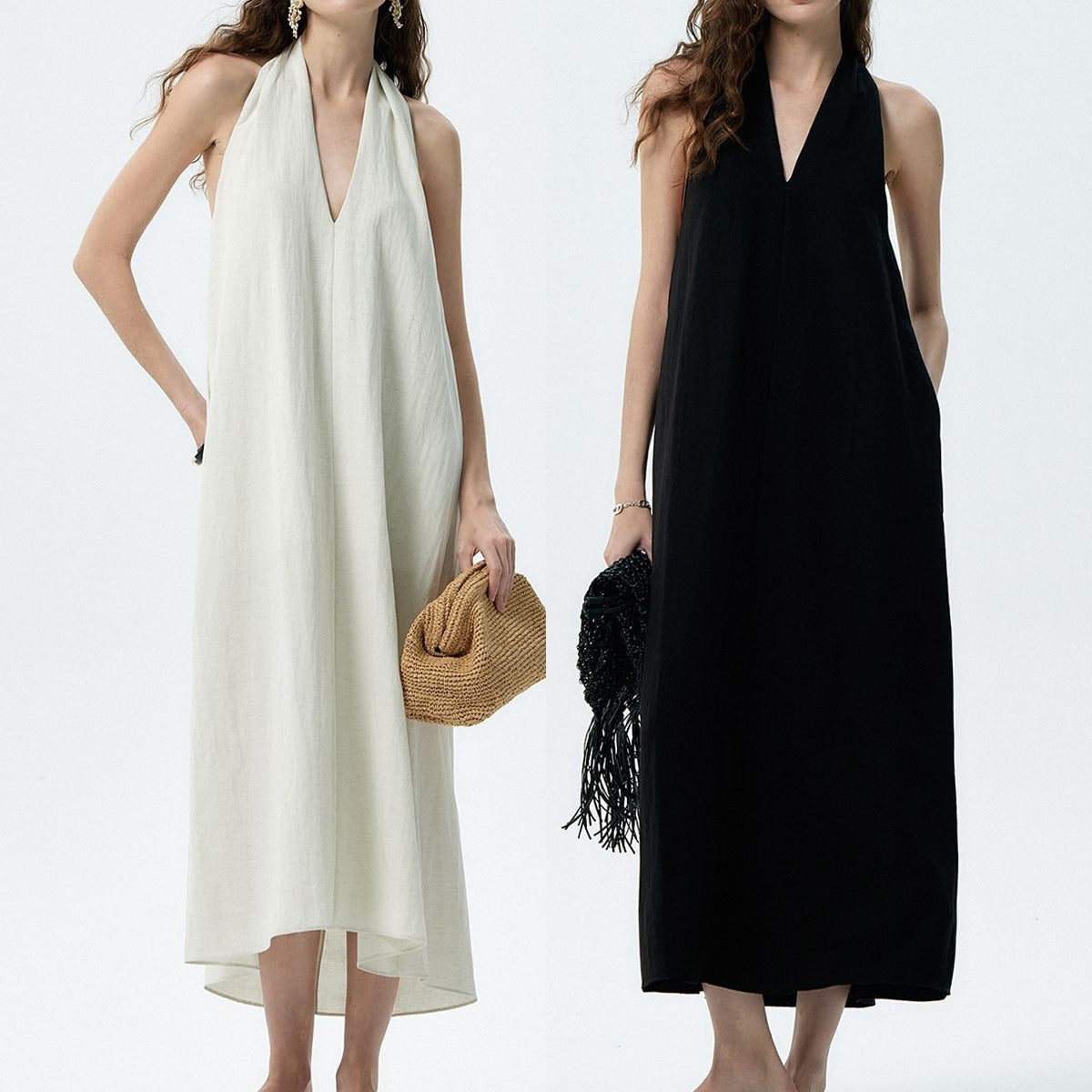 halter dress, mid-length V-neck dress
