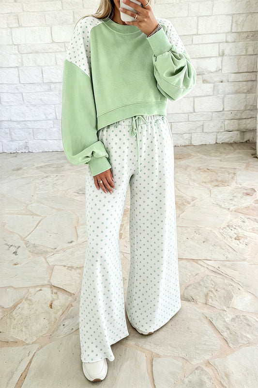 Green Polka Dot Patchwork Colorblock Long Sleeve Casual Two Piece Pants Set