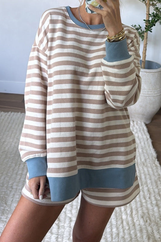 Khaki Stripe Color Block Patchwork Oversized Pullover 2pcs Shorts Set