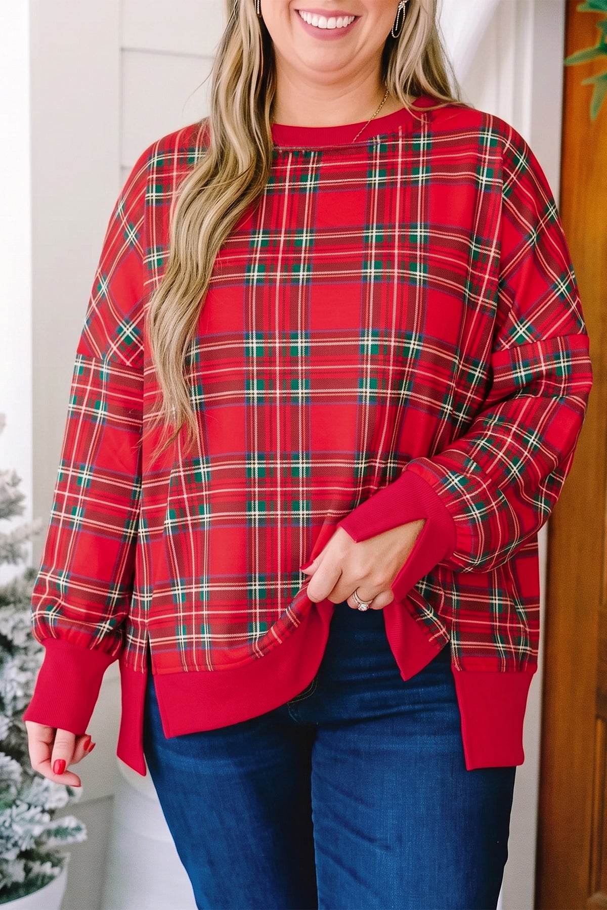 Red Plus Size Festive Plaid Long Sleeve Split Tunic Sweatshirt