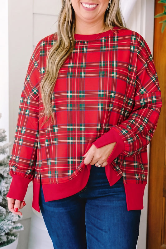 Red Plus Size Festive Plaid Long Sleeve Split Tunic Sweatshirt