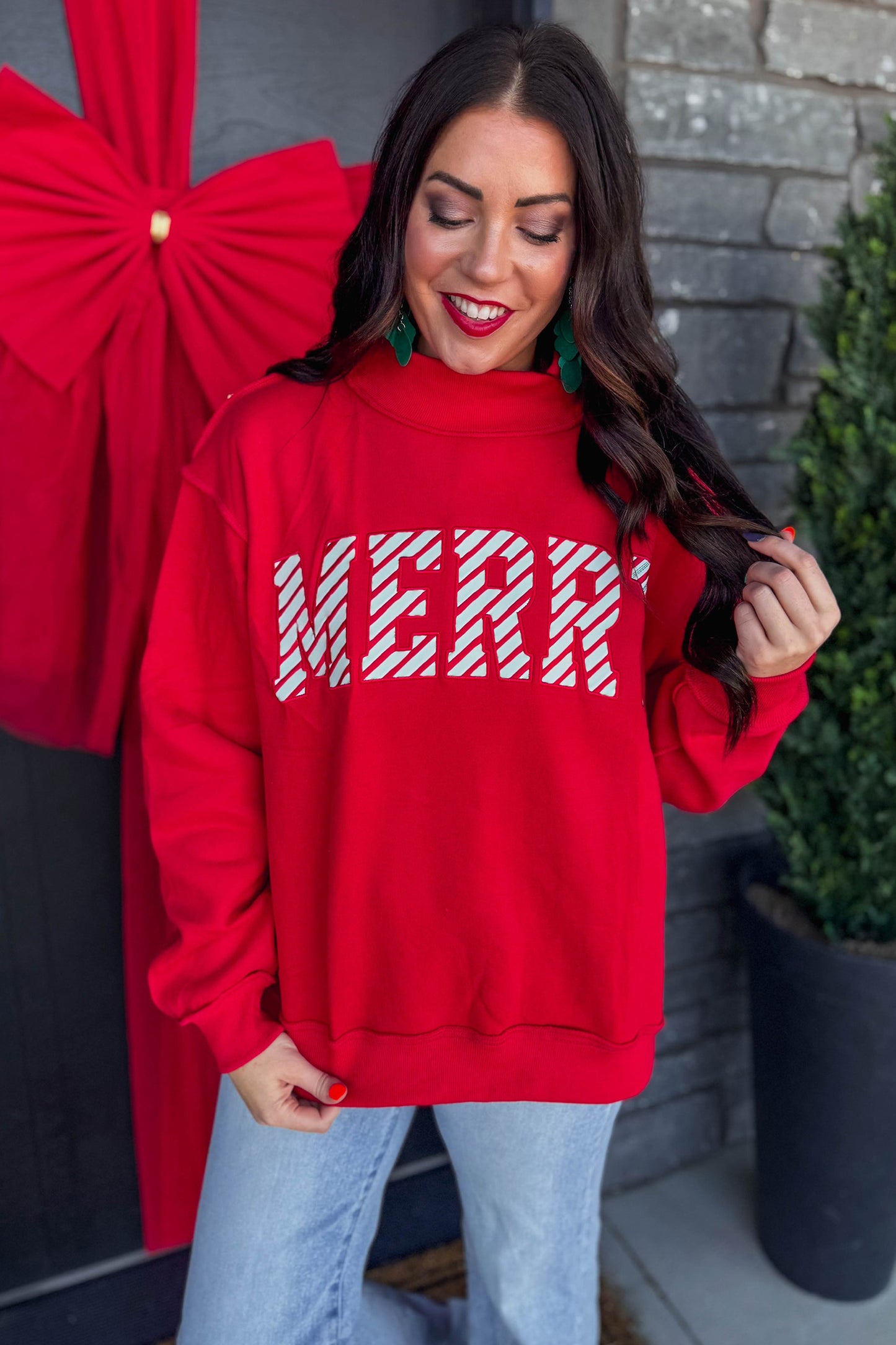 Fiery Red Embroidered Merry Slogan Stand Neck Long Sleeve Shift Sweatshirt