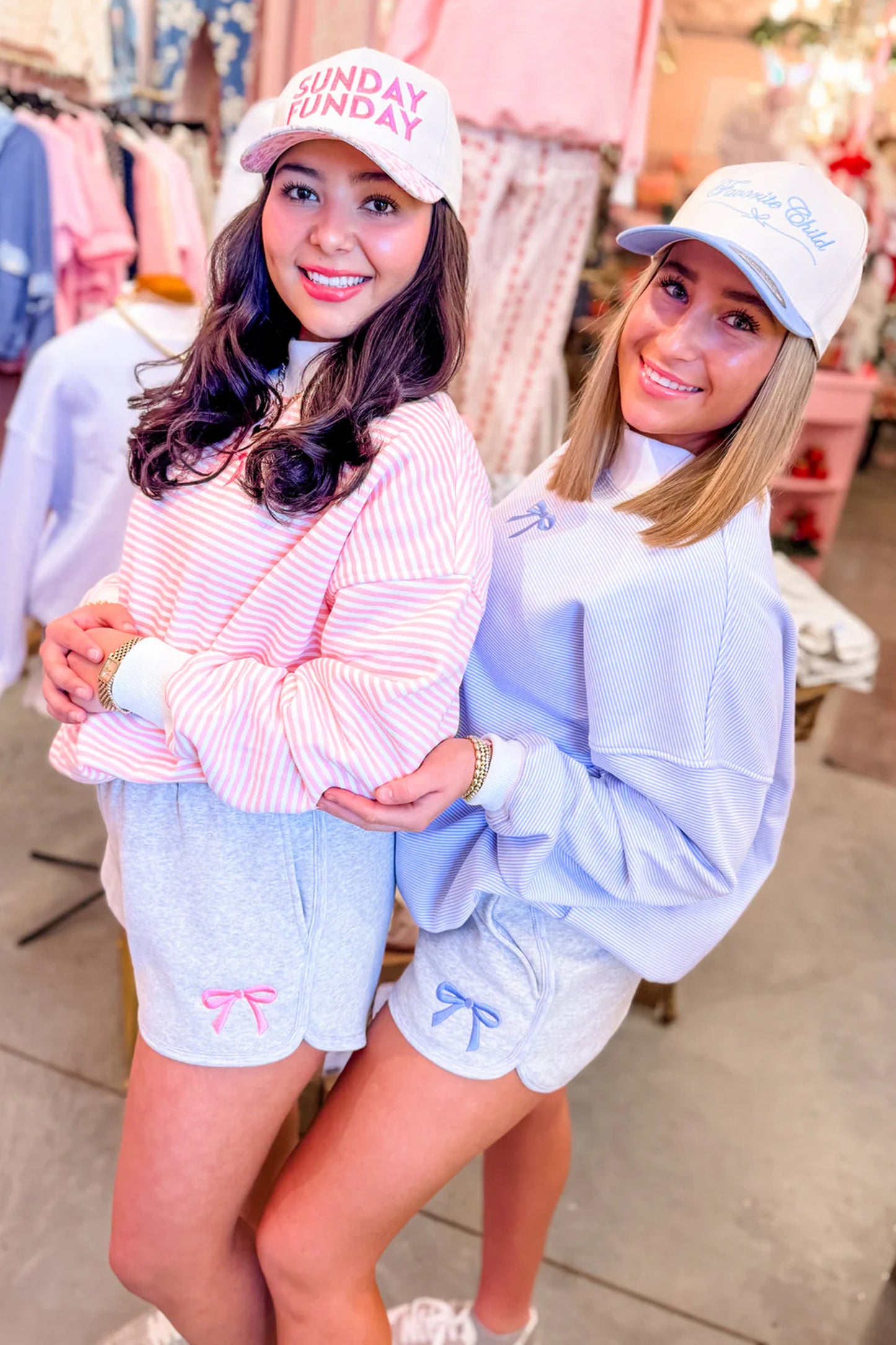 Pink Stripe Bow Embroidered Bow Contrast High Neck Baggy Sweatshirt