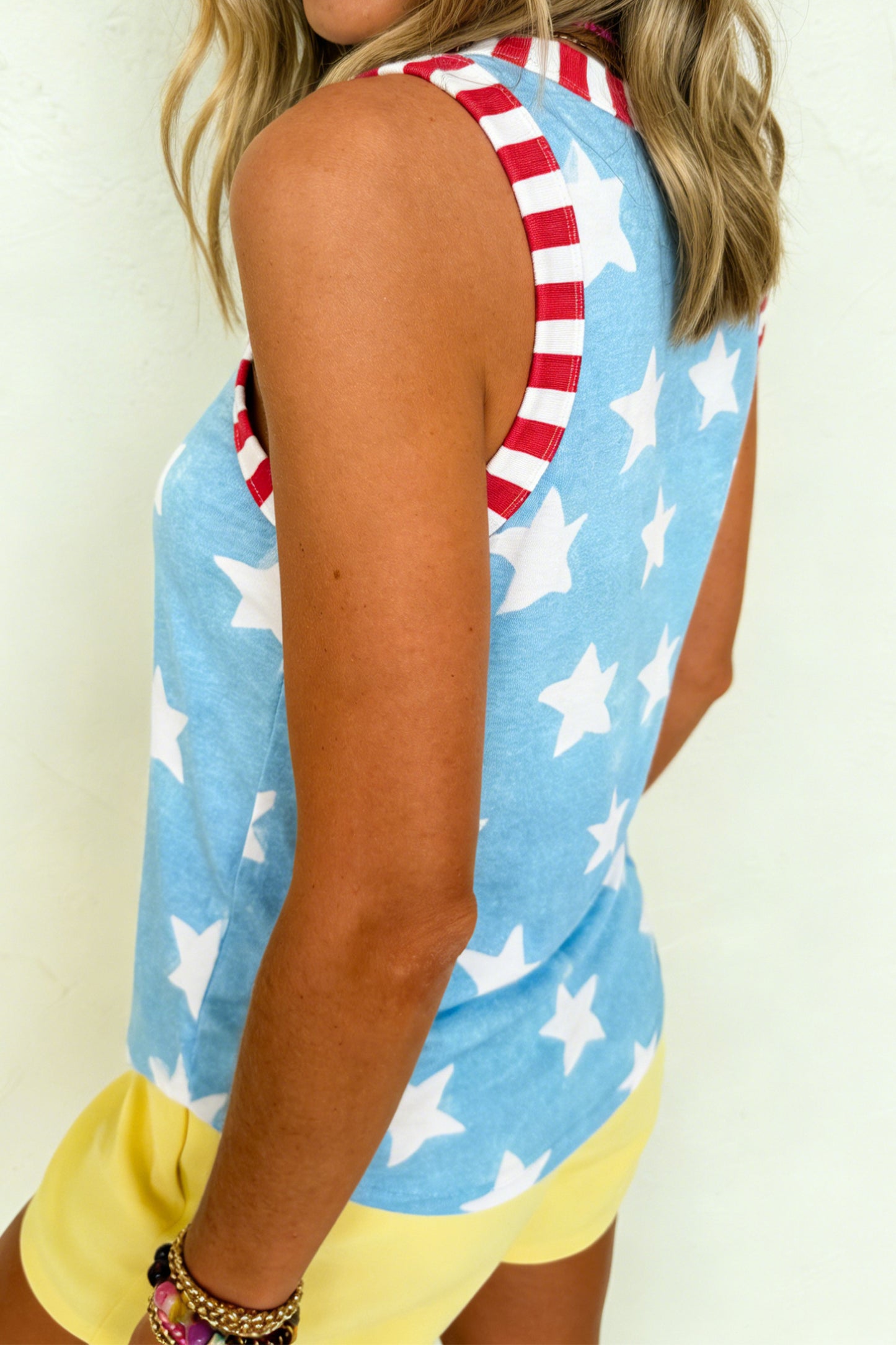 Sky Blue Tie Dye Star Print Striped Trim Round Neck Casual Tank Top