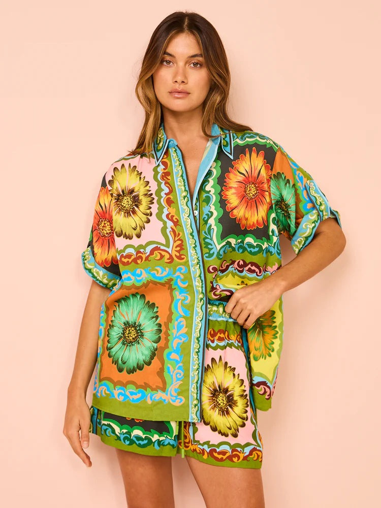 Sunflower Print Elastic Waist Shorts Set