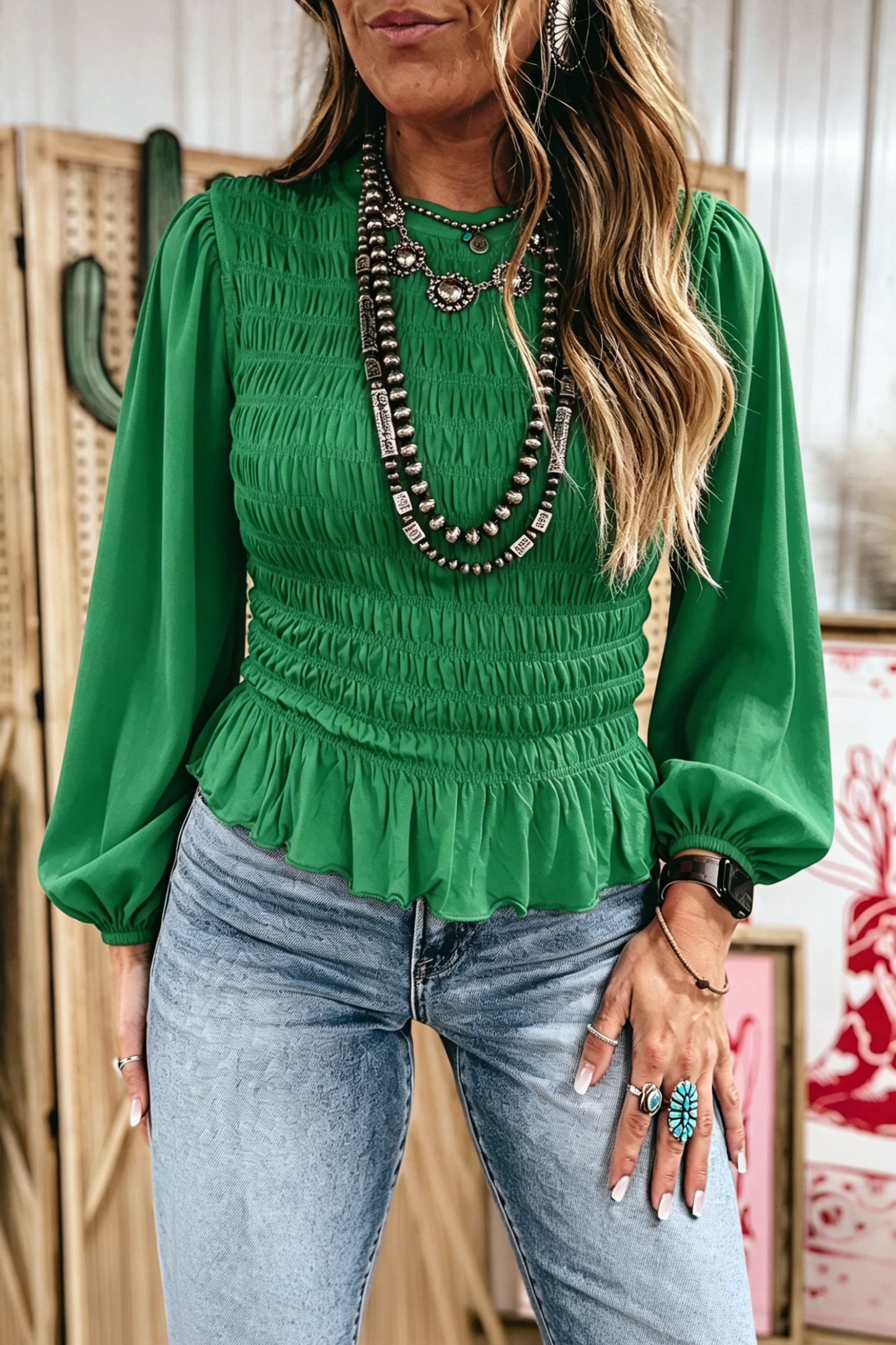 Racing Red Solid Color Smocked Ruffle Hem Long Sleeve Blouse