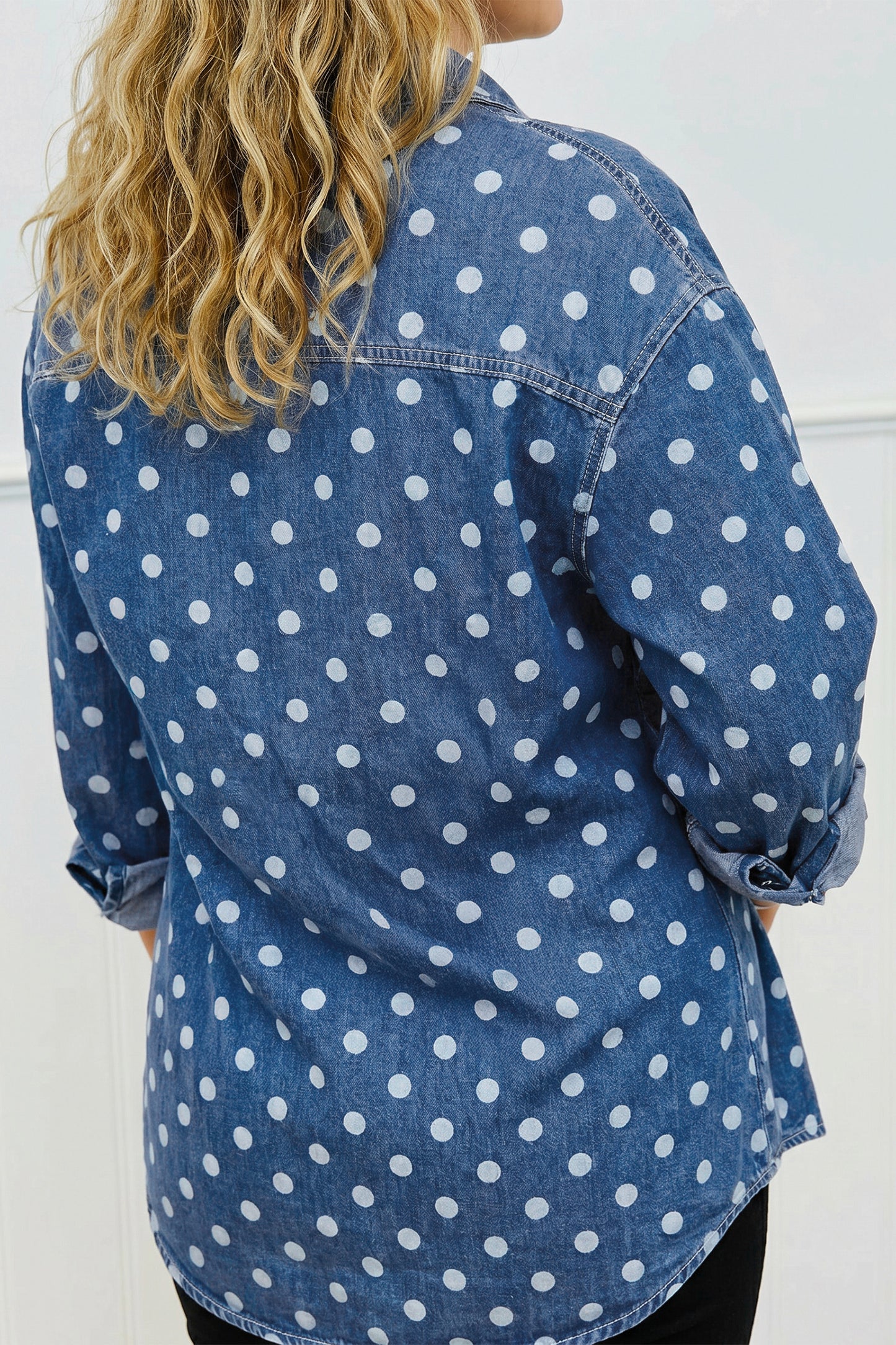 Blue Polka Dot Long Sleeve Collar Shift Tunic Denim Jacket