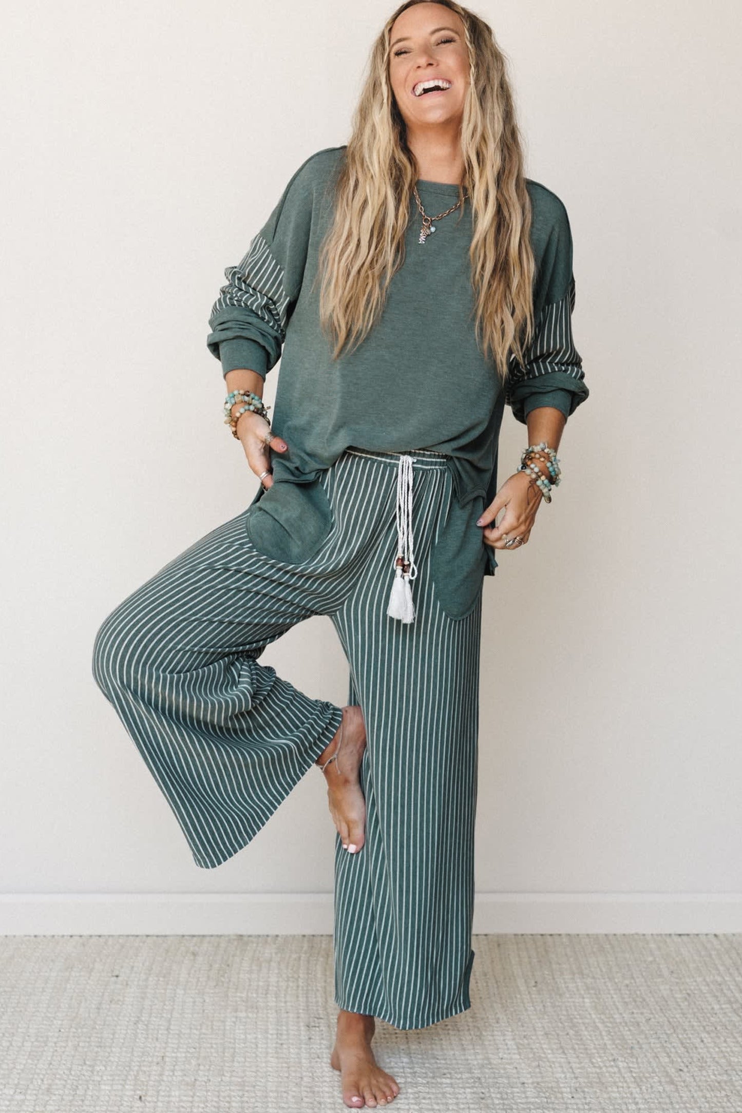 Green Bay Rae Edge Patchwork Long Sleeve Top Pocket Casual Pants 2pcs Set