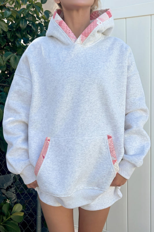 Gray Contrast Printed Trim Pocketed Oversized Hoodie