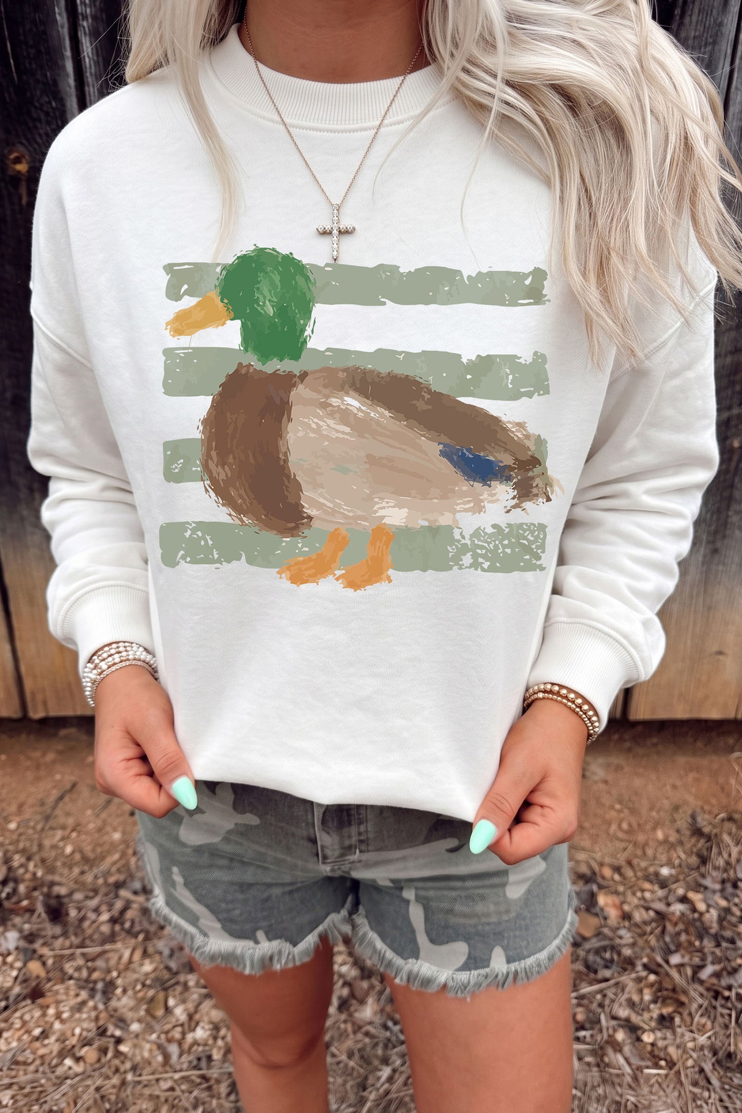White Western Duck Graphic Casual Pullover Sweatshirt
