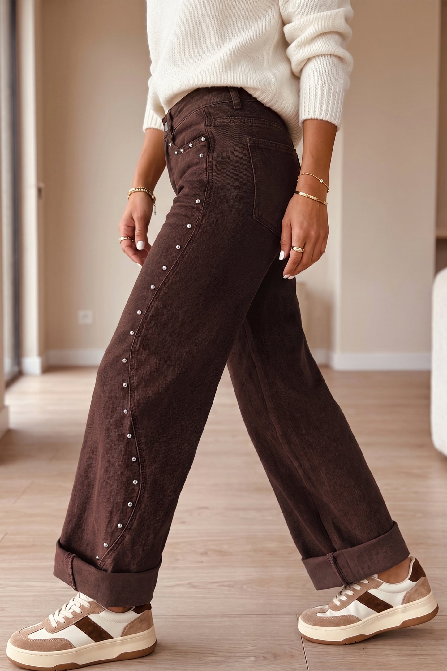White Side Seam Rivet Detail Ankle Length Casual Jeans