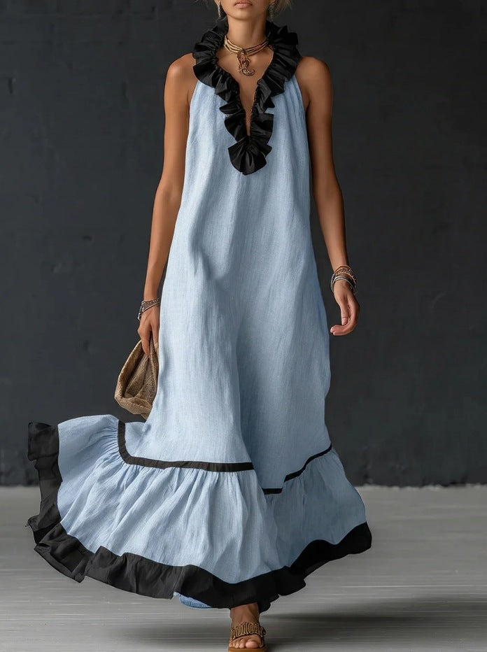 sleeveless V-neck loose ruffled long dress