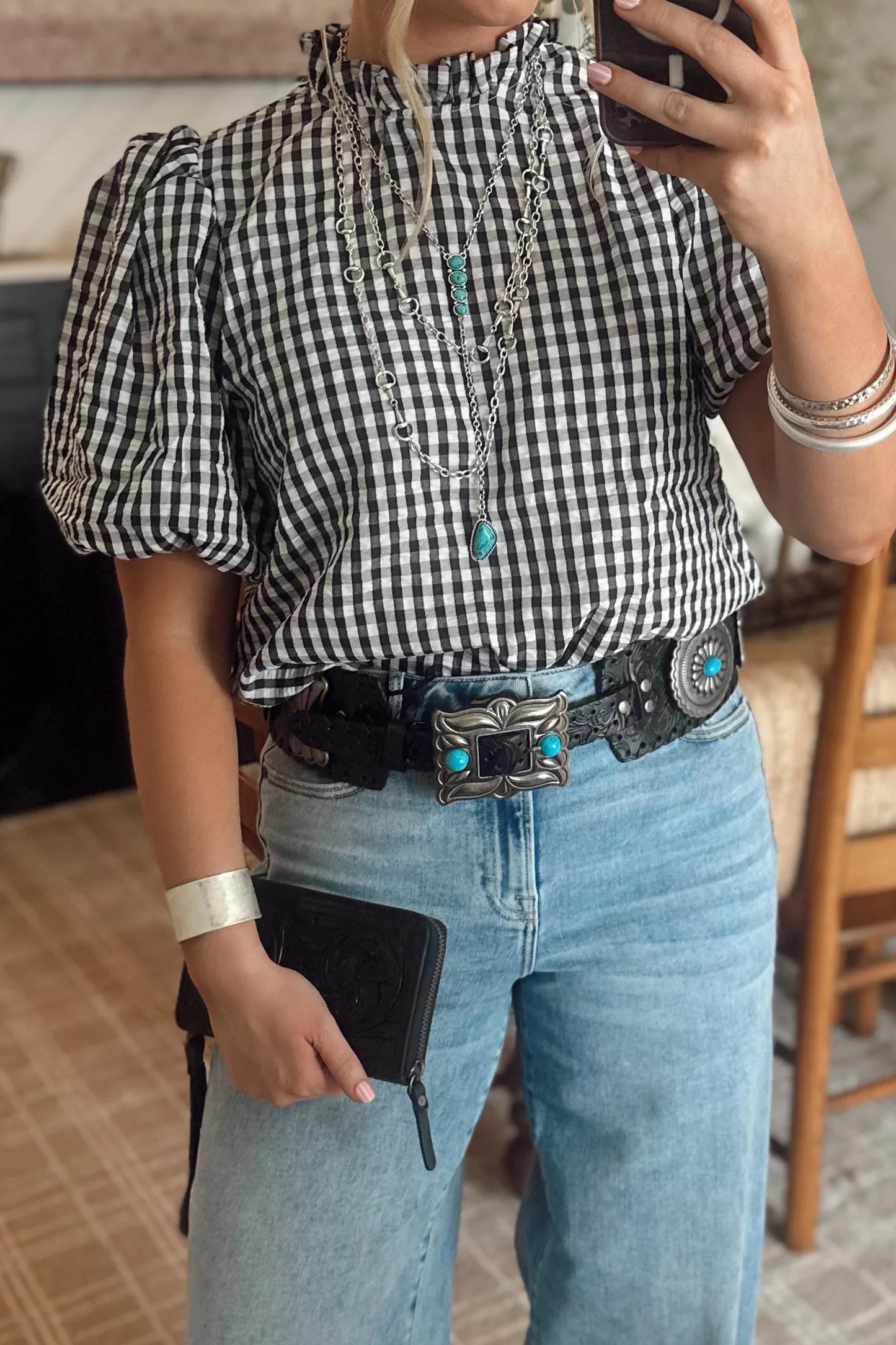 Black Plaid Short Puff Sleeve Frilled Neck Blouse