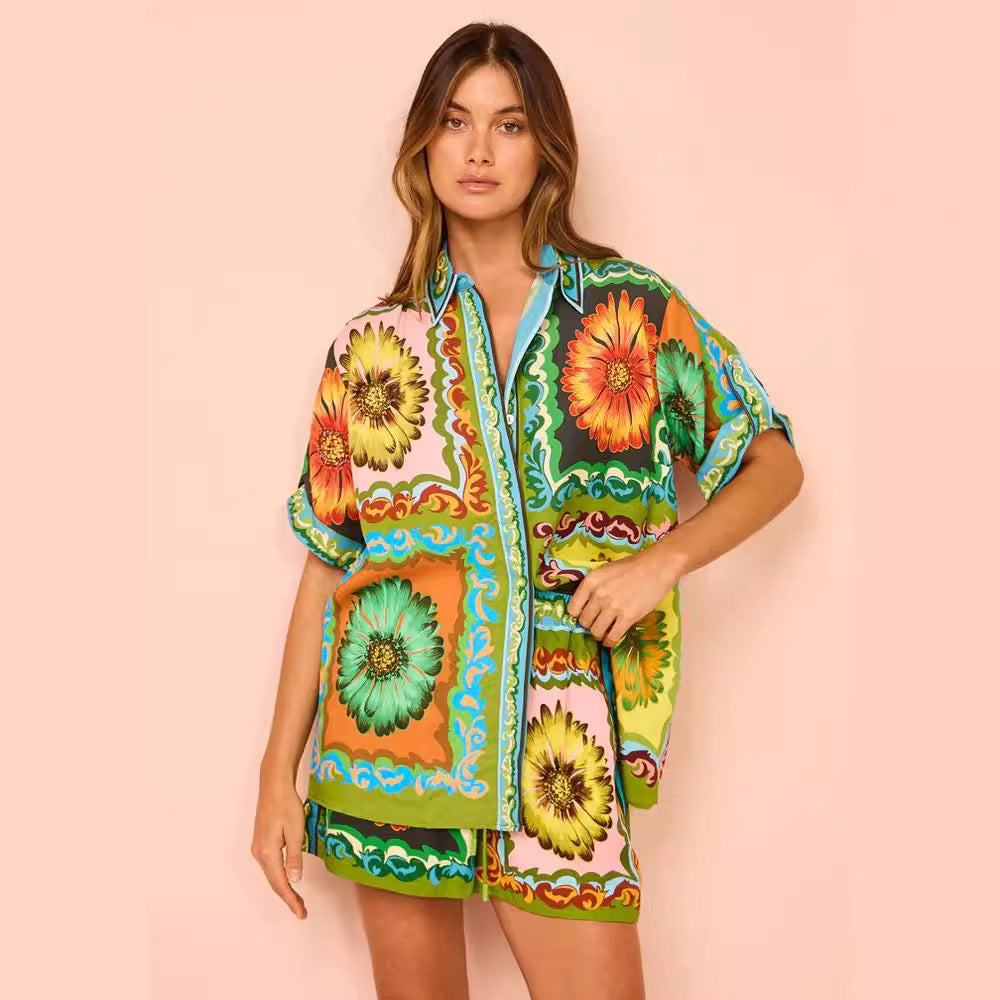 Sunflower Print Elastic Waist Shorts Set