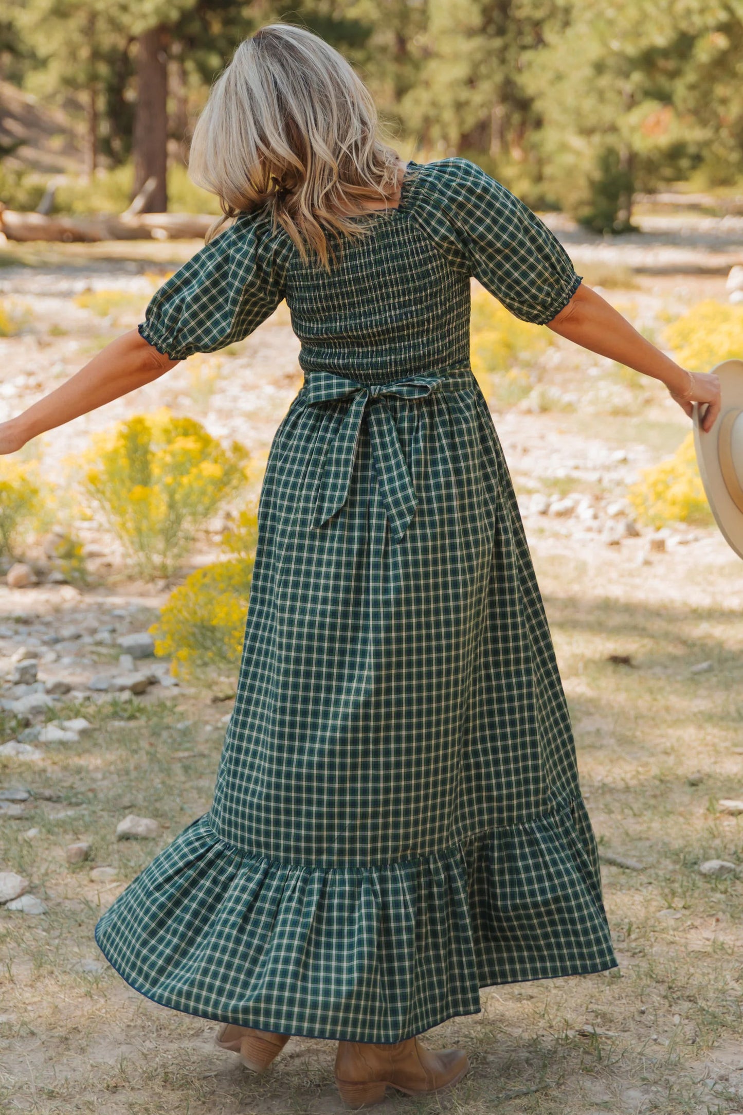 Green Square Collar Short Sleeve Plaid Dress Fit Flare Silhouette Long Daily Casual One Piece