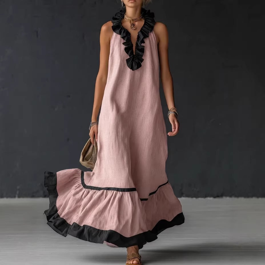 sleeveless V-neck loose ruffled long dress
