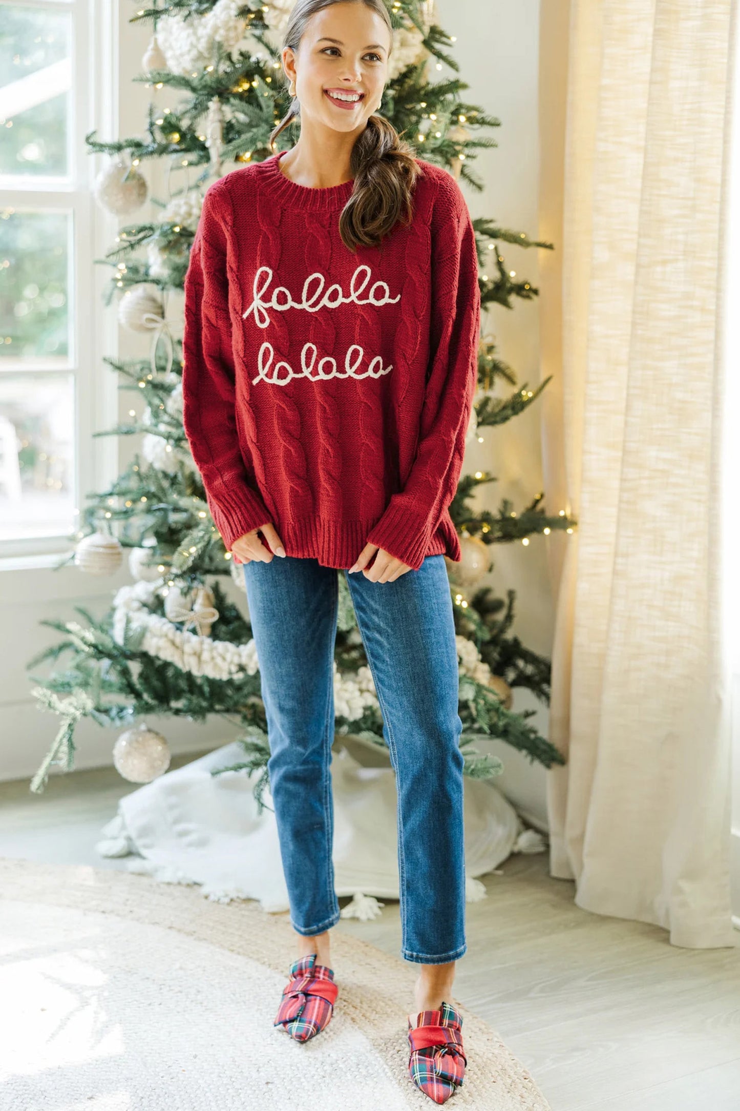 Fiery Red Falala Cable Knit Dropped Shoulder Pullover Sweater