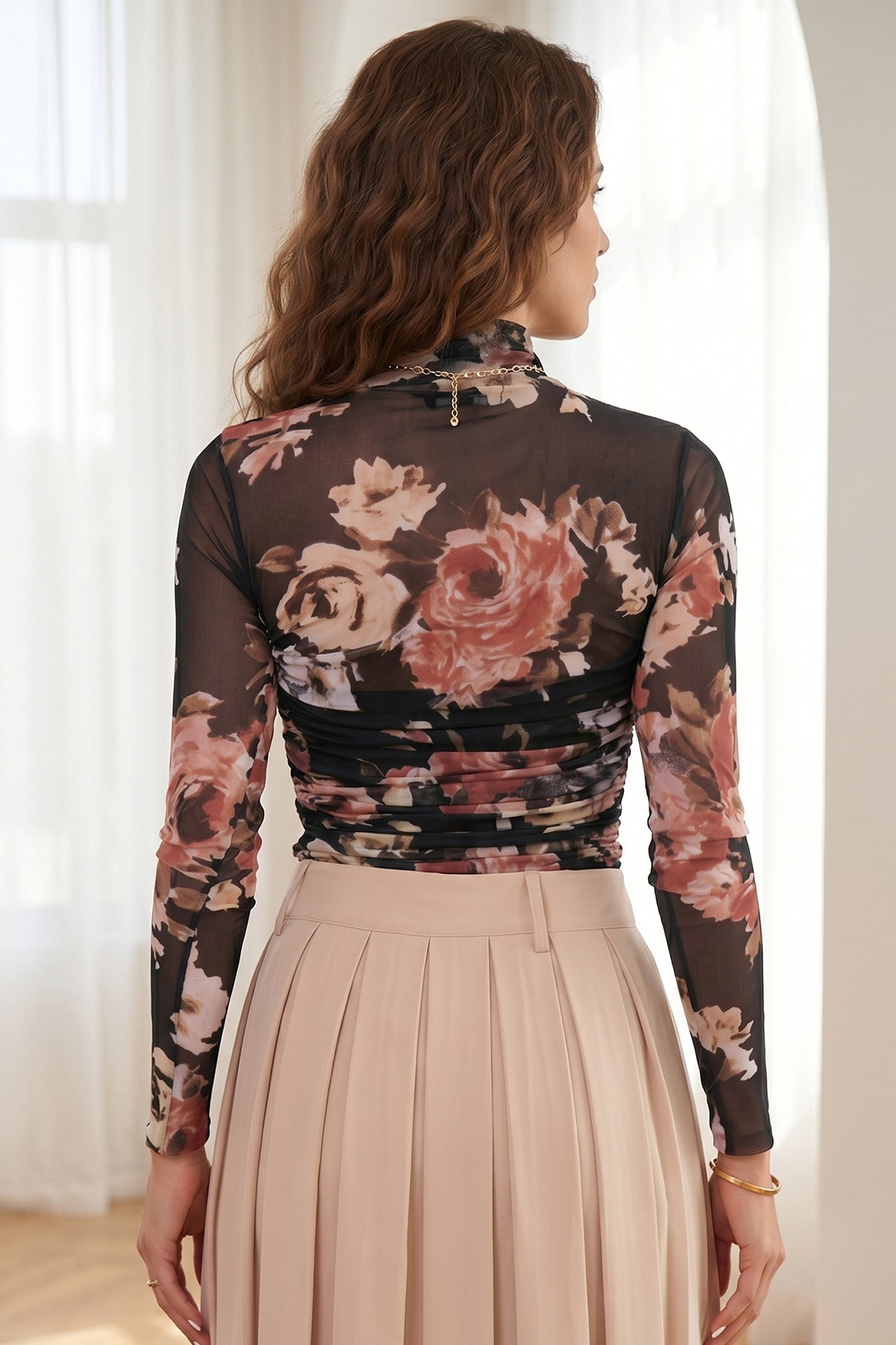 Brown Heartfelt Glance Floral Mesh Bodysuit