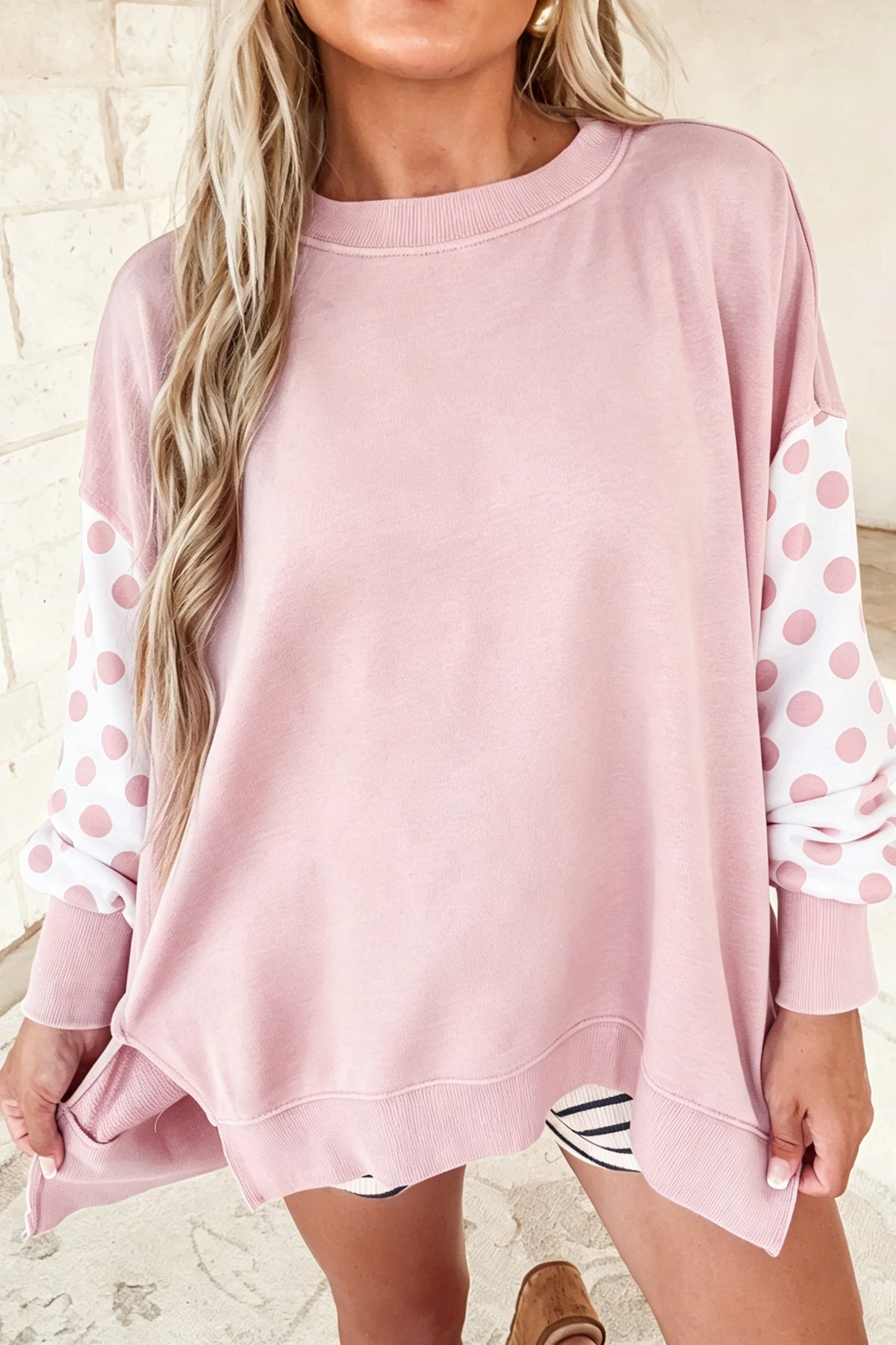 Pink Polka Dot Patchwork Sleeve Crew Neck Loose Pullover Sweatshirt