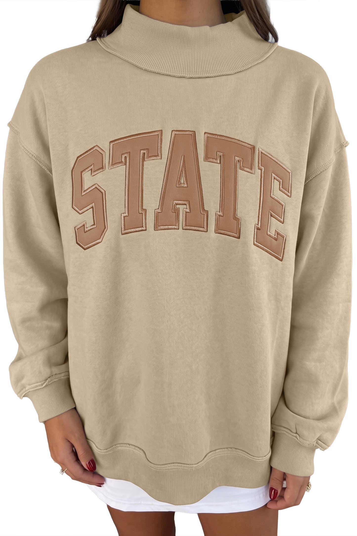 Light Grey Exposed Seam Mock Neck STATE Letter Graphic Loose Sweatshirt