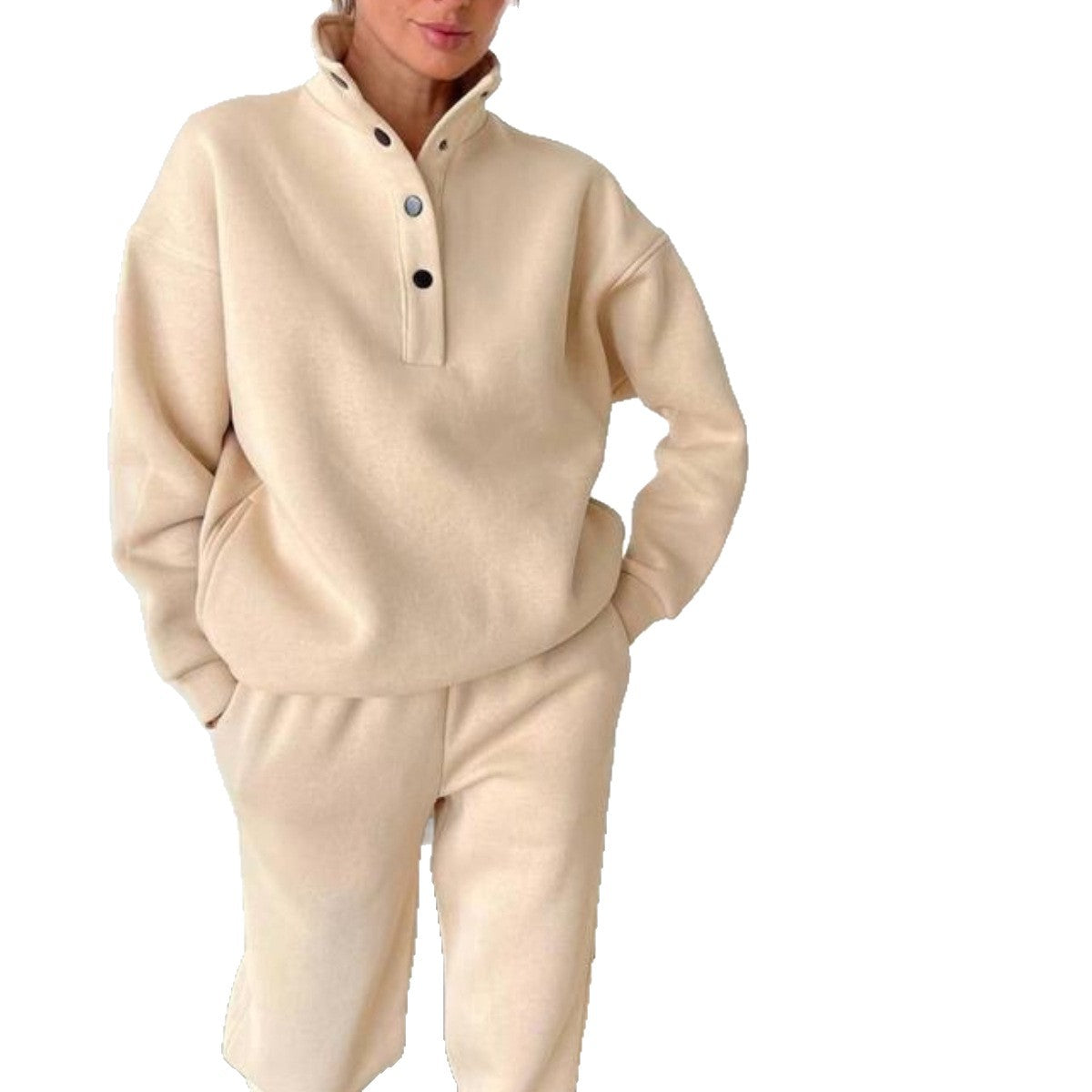 button-up stand-up collar hoodie with matching loose trousers