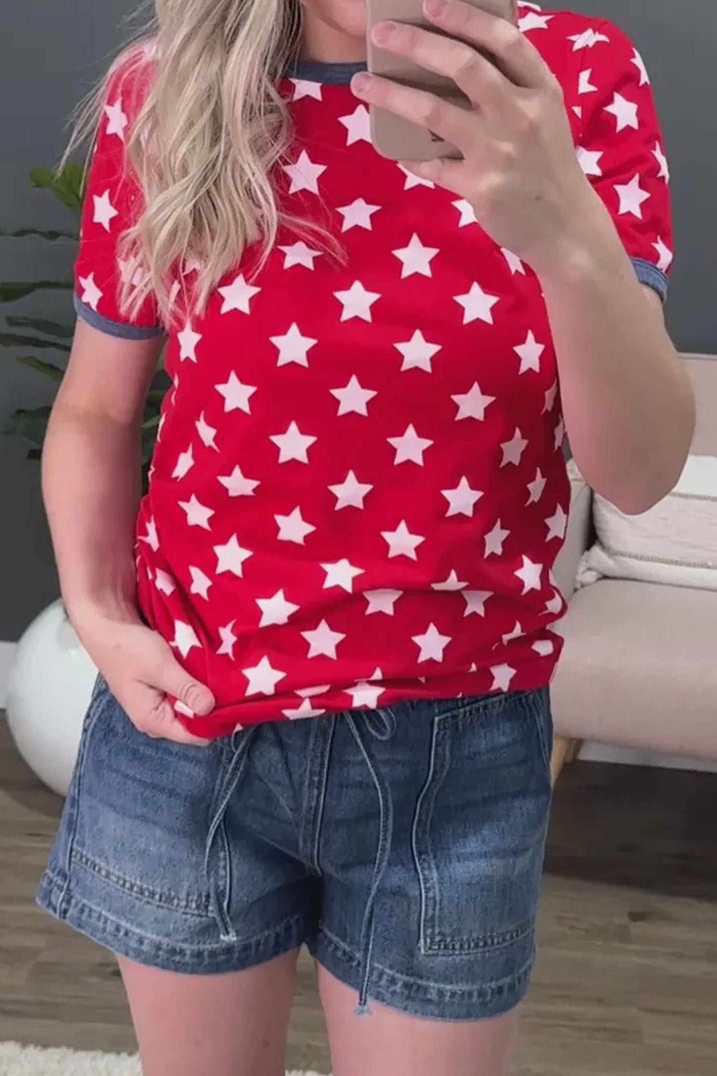 Red Patriotic Star Print Contrast Round Neck Cuffed Tee