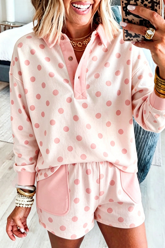 Pink Polka Dot Contrast Patchwork Detail Long Sleeve Top Short Set