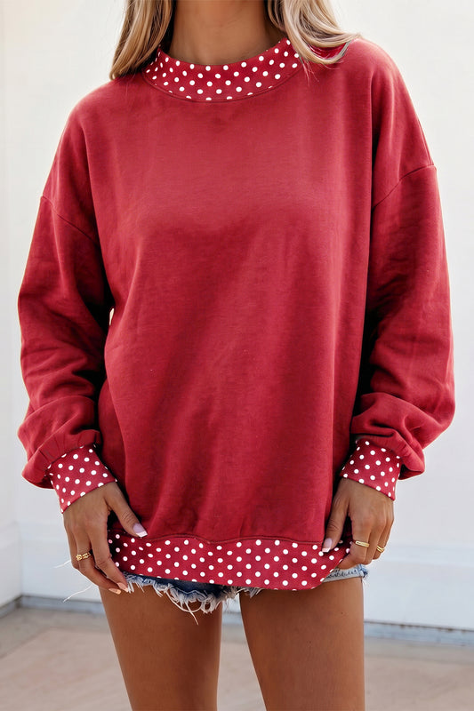 Red Dahlia Colorblock Polka Dot Contrast Trim Oversized Sweatshirt