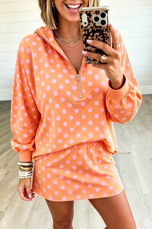 Orange Polka Dot Hooded Long Sleeve Top Casual Mini Skort Set