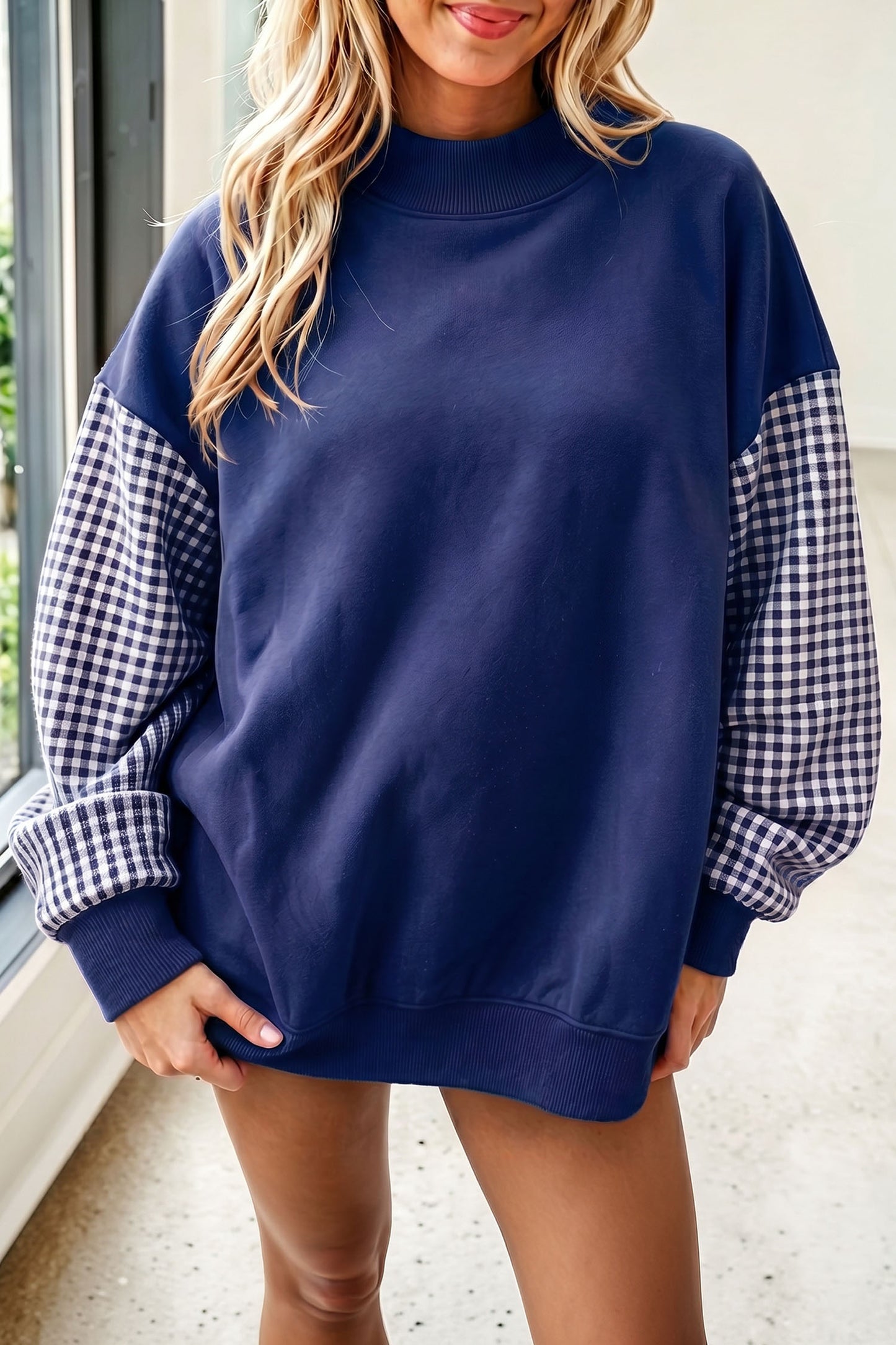 Pink Plaid Sleeve Colorblock Loose Tunic Sweatshirt