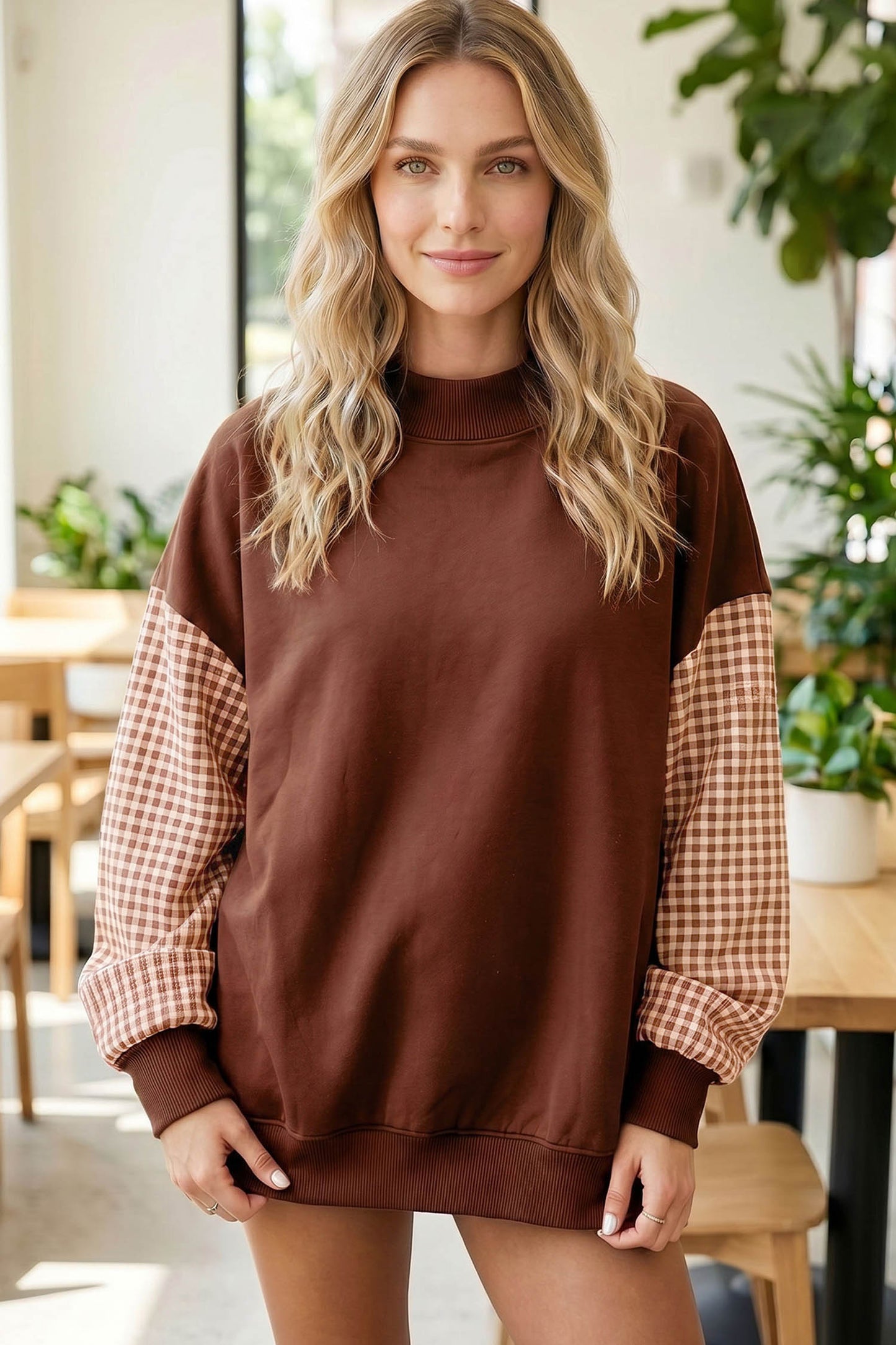 Pink Plaid Sleeve Colorblock Loose Tunic Sweatshirt