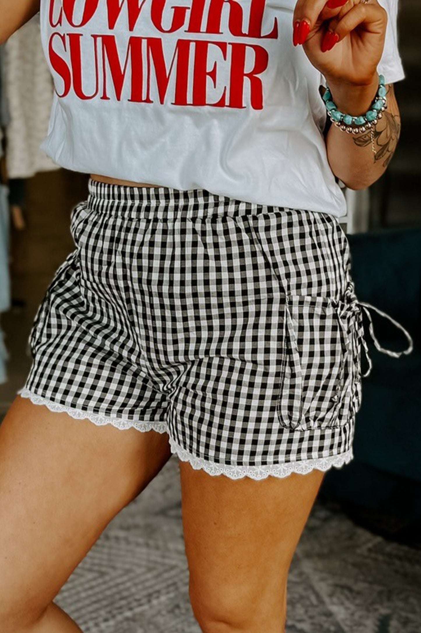 Black Gingham Lace Trim Shorts with Pouch Pockets