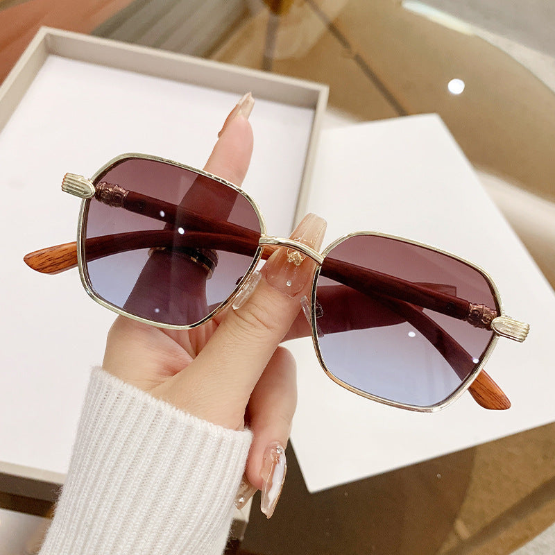wood-grain side polygonal sunglasses