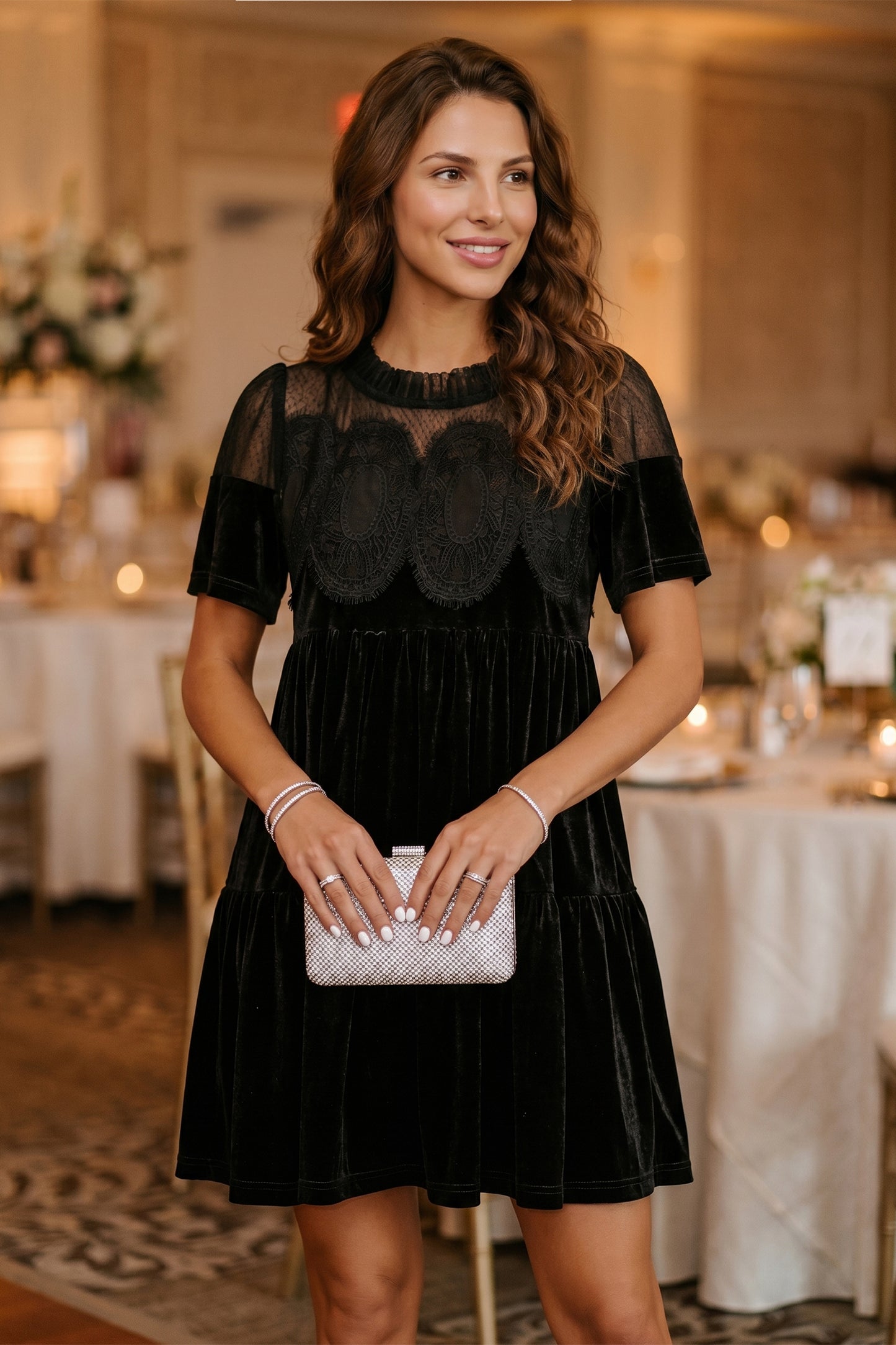 Black Embroidered Velvet Short Sleeve Mini Shift Dress