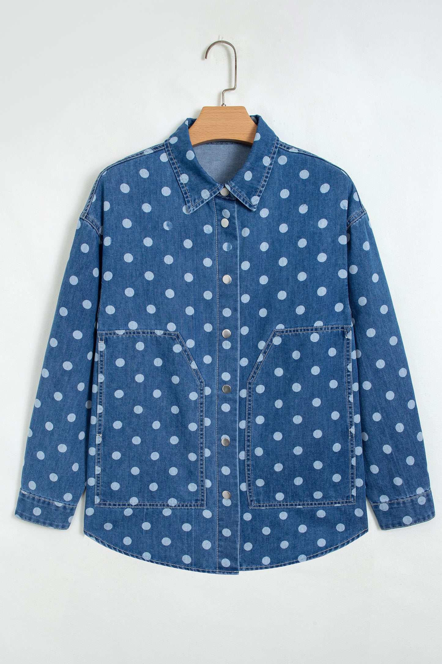 Blue Polka Dot Long Sleeve Collar Shift Tunic Denim Jacket
