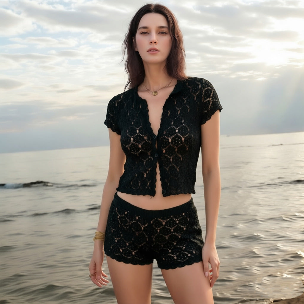 two-piece knitted top and shorts cover up