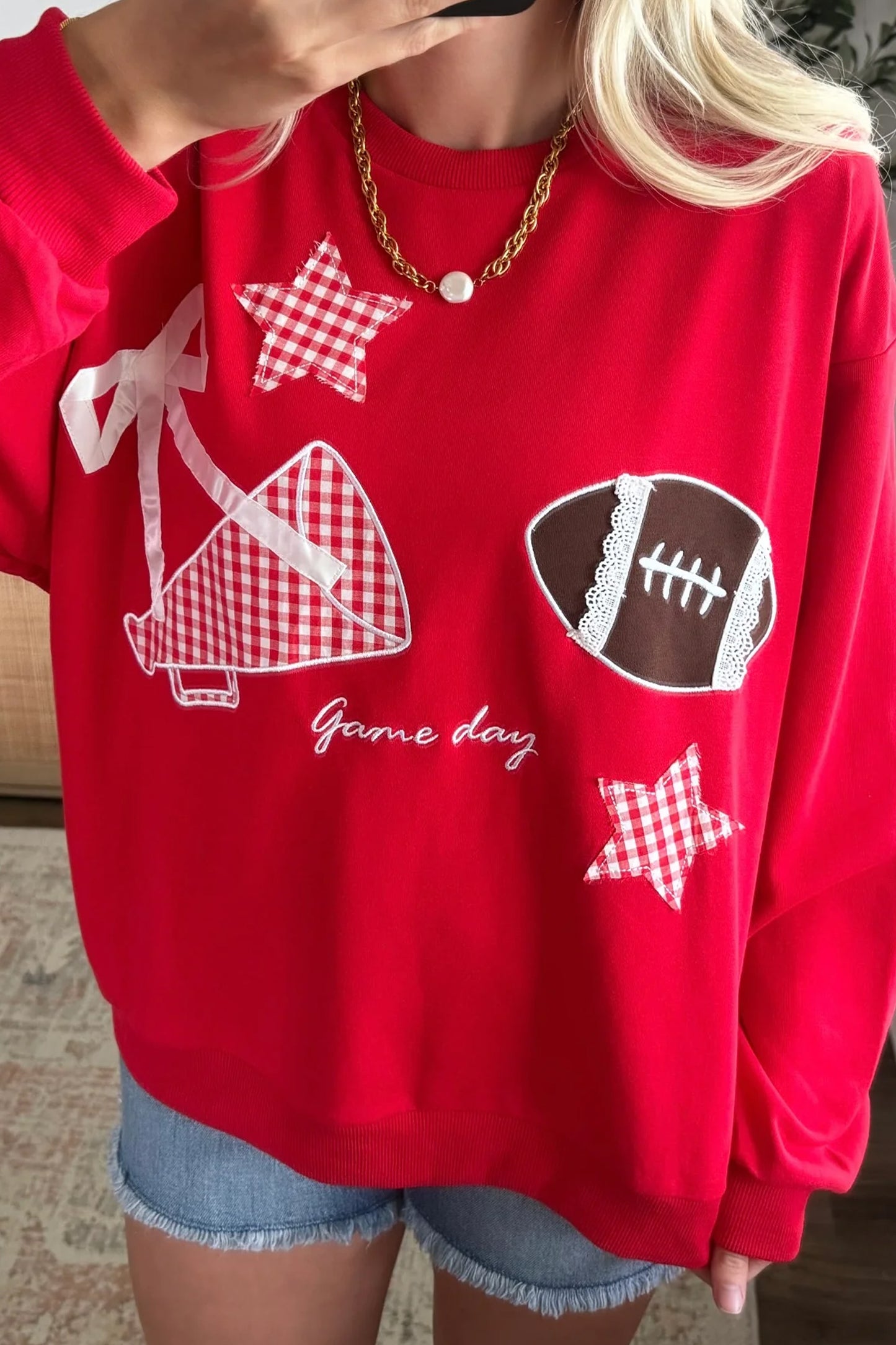 Black Gingham Patch Embroidered Rugby Game Day Stars Sweatshirt