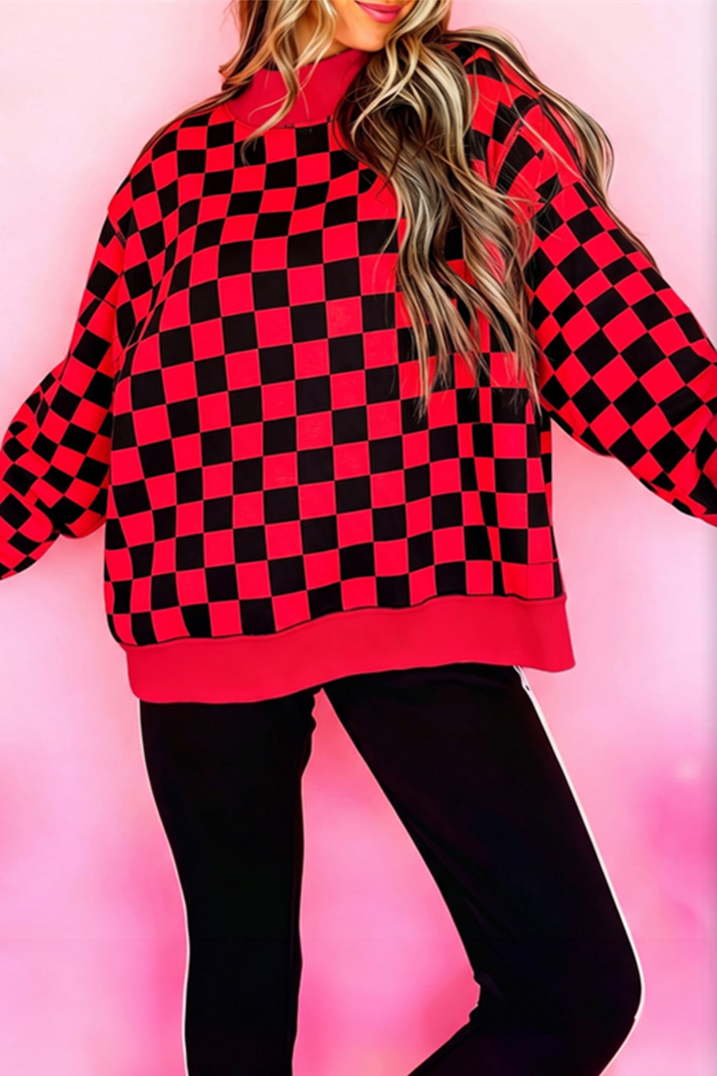 Reversable Checkered Print High Neck Baggy Sweatshirt