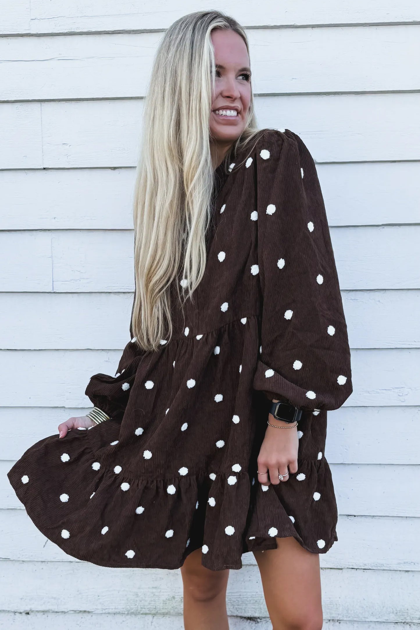 Chicory Coffee  Corduroy Polka-Dot Dress