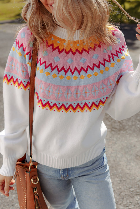 White fair isle Print Drop Shoulder Sweater