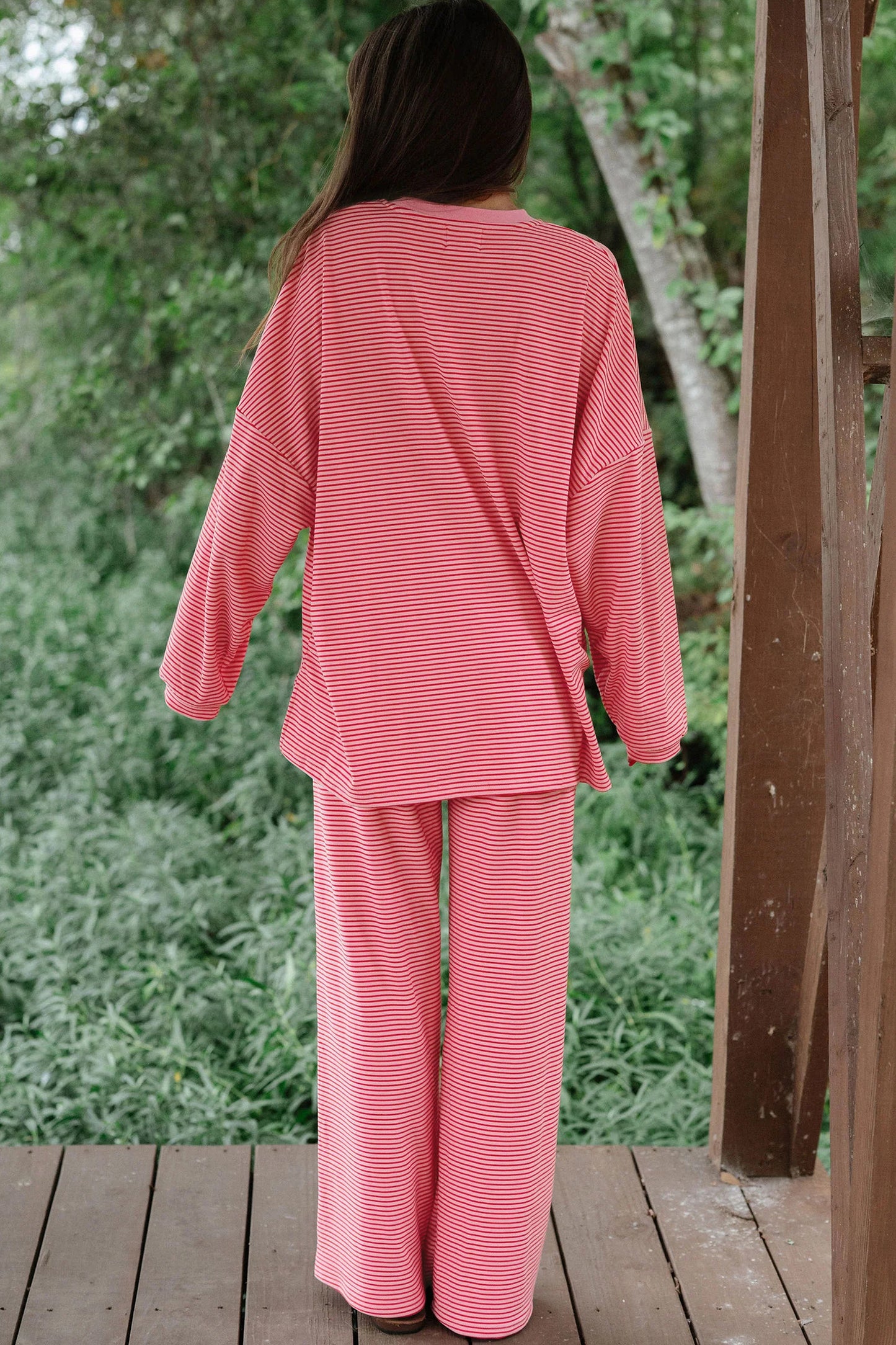 Pink Stripe Striped Drop Shoulder Long Sleeve Pant Set